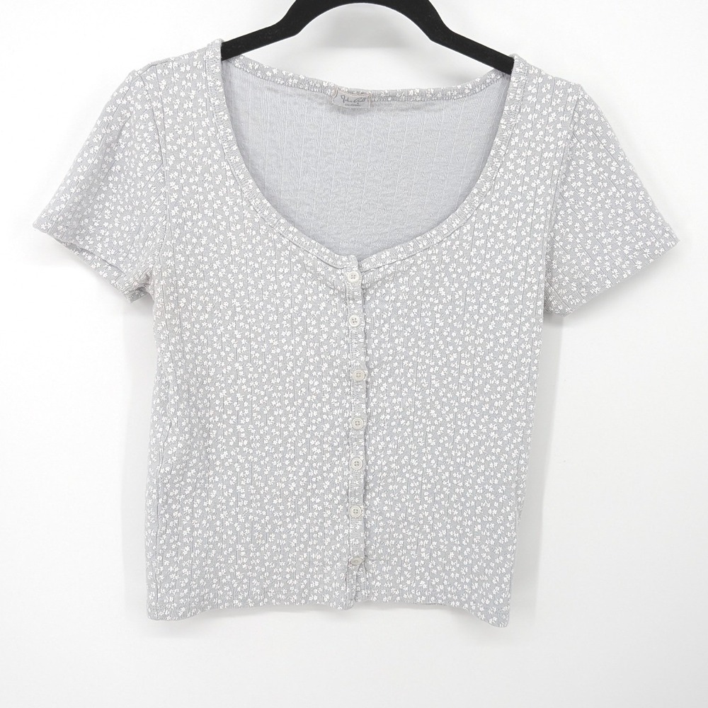 John Galt Y2K Button Front Top Women Small Blue Floral Ribbed Cropped Tee Dainty